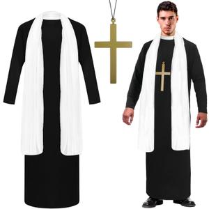 Jiuguva 3 Pcs Halloween Priest Costume for Men Adult with Father Robe White Stole Cross for Halloween Dress up Party (X-Large)