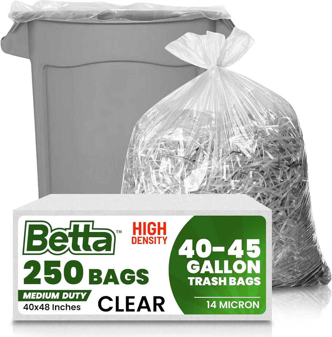 Betta 40-45 Gallon Clear High-Density Trash Bags, 250 Count Box, (40x48-inch) Commercial Medium-Duty Garbage Can Liners