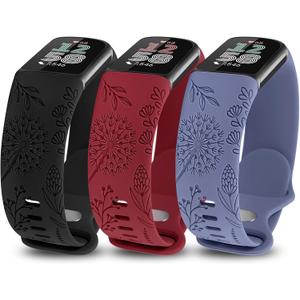 Minyee 3 Packs Floral Engraved Band Compatible with Fitbit Charge 6 Bands/Fitbit Charge 5 Bands Women, Cute Soft Silicone Dandelion Flower Pattern Sport Designer Fancy Summer Strap for Charge 6/5 (Black/ Wine/ Blue)