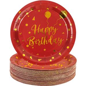 50 Pack Happy Birthday Red and Gold Paper Plates, 7 inch Metallic Foil Polka Dots Disposable Dessert Party Supplies for Graduation Wedding Holiday Christma Party Decorations