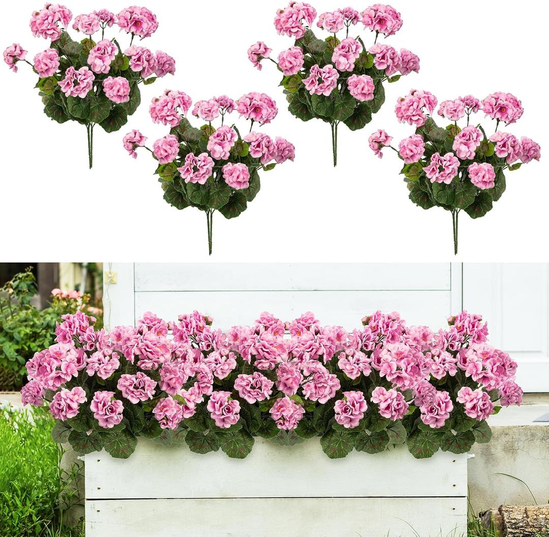 Home Decor Fake Plants Artificial Flowers Artificial Geraniums Outdoor Fake Flowers Artificial Flowers Fake Silk Bouquet, Fall Decor for Interior Porch Garden Decoration 14.4" (Pink) 8PCS