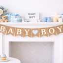 Baby Boy Burlap Banner  5" x 7" Pre-Assembled Jute Flags for Baby Shower & Gender Reveal with a Light Blue Heart