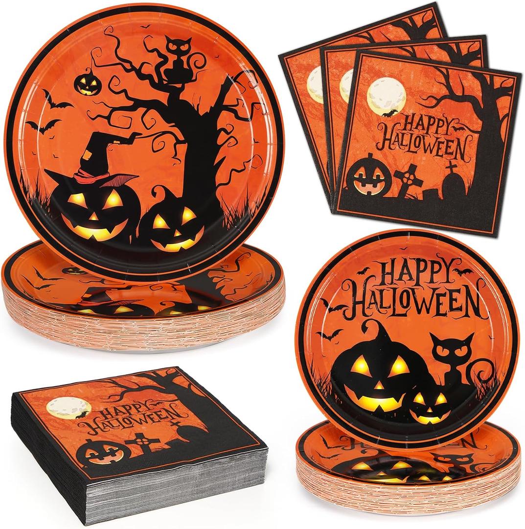 Homlouue 200 PCS Halloween Plates and Napkins, Black Pumpkin Paper Plates for Halloween Party Decoration, Serves 50, With Bat & Cat Design