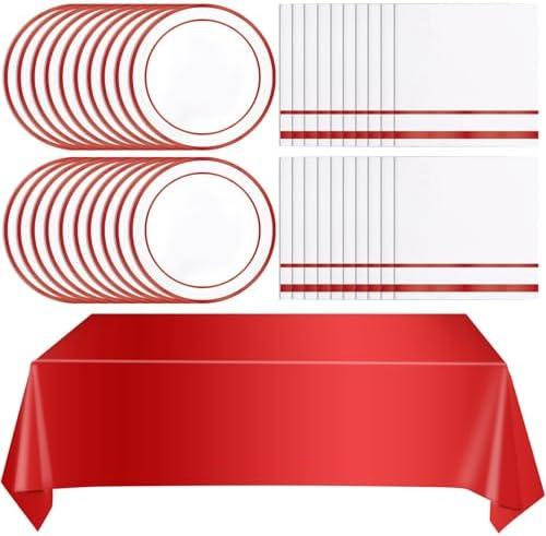 Pack Of 2 Ryzovo 49PCS Red Party Supplies,Red Disposable Tableware Includes 24 Plates,24 Napkins and 1 Tablecloth for Cake Salad Pizza, Dinnerware Decoration for Anniversaries Graduation Birthday Wedding Party