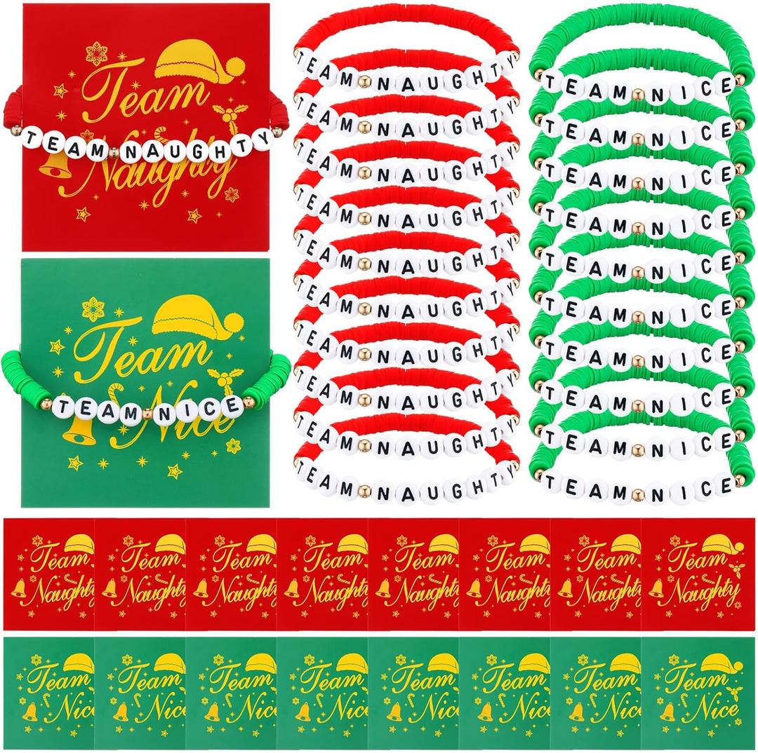 Team Naughty or Nice Gifts Christmas Party Favors 24 Set Christmas Clay Bracelets and Cards Friendsmas Party Supplies Decorations for Adults Santa Charm Women Birthday Gift