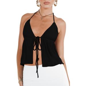 RUEWEY Women Y2K Backless Crop Top Vintage Sexy Tie Up Halter Deep V Neck Spaghetti Strap Cami Top Streetwear (Small), A-black