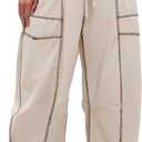 Athlisan Womens Baggy Barrel Pants Wide Leg Lounge Drawstring Sweatpants with Pockets (Beige, S)