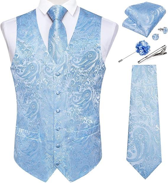 DiBanGu Mens Paisley Vest Tie Set with Lapel Pin Tie Clip 7PCS Silk V-Neck Suit Waistcoat and Necktie for Tuxedo Wedding (X-Large)