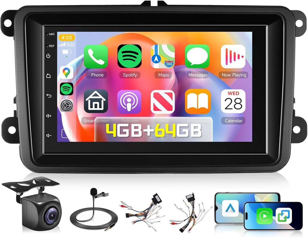 4G+64G Car Stereo for VW Volkswagen Seat Golf Passat Jetta Beetle Tiguan Touran EOS Skoda with Wireless Carplay Android Auto, 7 Inch Double Din Touch Screen Radio with GPS WiFi Bluetooth FM Camera