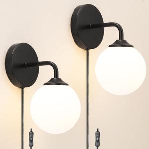 Black Plug in Wall Sconces Set of 2, Wall Light with Plug in Cord On/Off Switch, Mid Century Art Deco Plug Sconce with Milky White Globe Glass Lampshade Wall Lamp for Bedroom Living Room Hallway