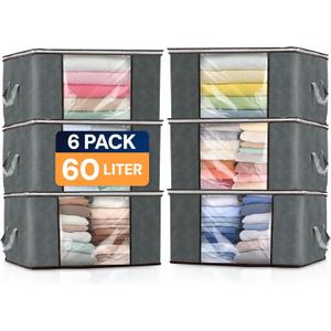 Reli. 60L Clothes Storage Bags (6 Pack) Foldable Closet Organizers & Closet Storage Containers | Foldable Bins with Lids, Handles | Large Clothing Bags for Towels, Toys, Blankets | Grey