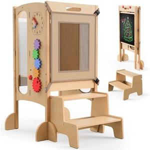 JUZBOT Toddler Tower Foldable Toddler Kitchen Stool Helper with 2 Step Stool, Safety Net, Adjustable Height, Chalk-Whiteboard& Montessori Activity