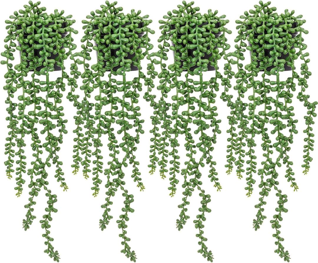 4 Pcs Artificial String of Pearls Plant in Black Pots Faux Realistic Succulents Fake Wall Hanging Planter Indoor for Greenery Shelf Desk Home Batchroom Farmhouse Garden Decorations