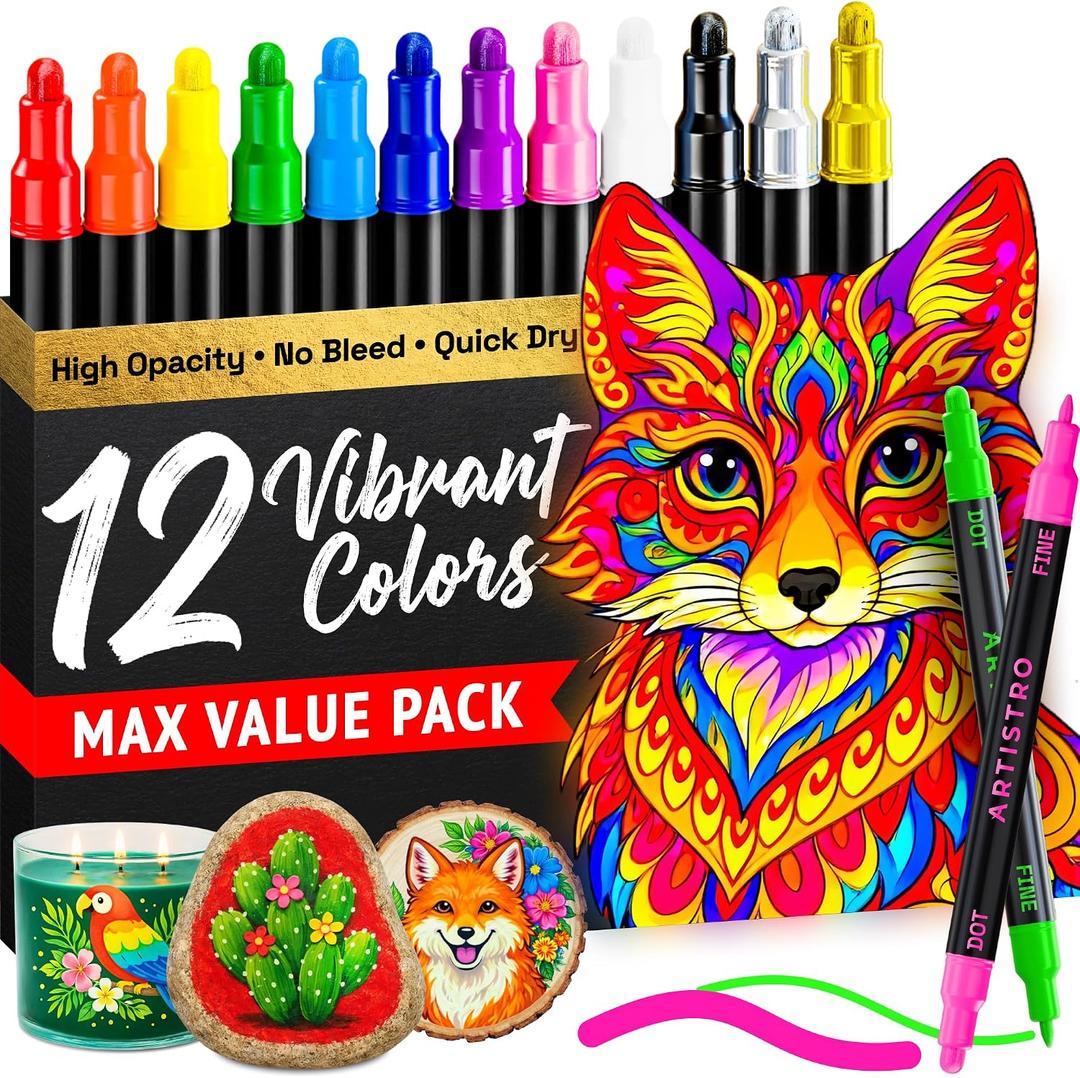 ARTISTRO 12 Precision Dual-Tip Acrylic Paint Markers Paint Pens Set with Dot & Fine Tips for Fabric, Rock, Glass, Wood, Coloring Books Classroom & Art Supplies Gift Teacher Appreciation Gift