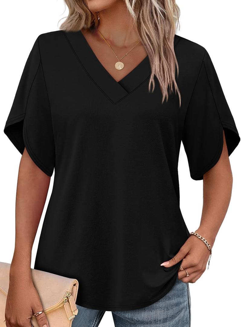 WIHOLL Womens Summer Tops Short Petal Sleeve Shirts Fashion V Neck Womens Clothing (Large, 01 Black)