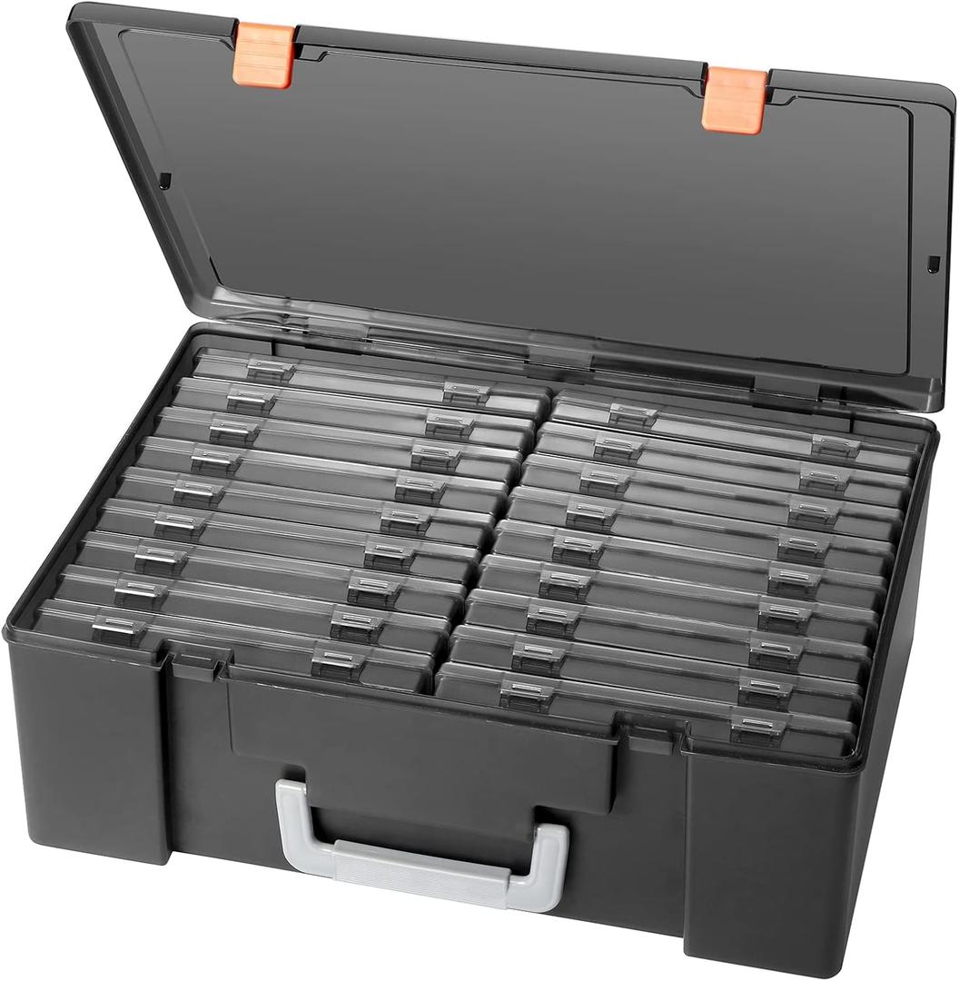 Photo Storage Box 4" x 6", 18 Inner Extra Large Photo Case Large Photo Organizer Acid-Free Photo Box Storage Photo Keeper Photo Storage Case, Plastic Craft Storage Box for Photo Stickers Stamps Seeds (Black, 18 Boxes)