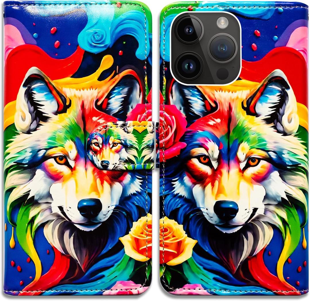 Case for iPhone 16 Pro Max with RFID Blocking,Colorful Rainbow Paint Wolf Roses Leather Flip Phone Case Wallet Cover with Card Slot Holder Kickstand for Apple iPhone 16 Pro Max