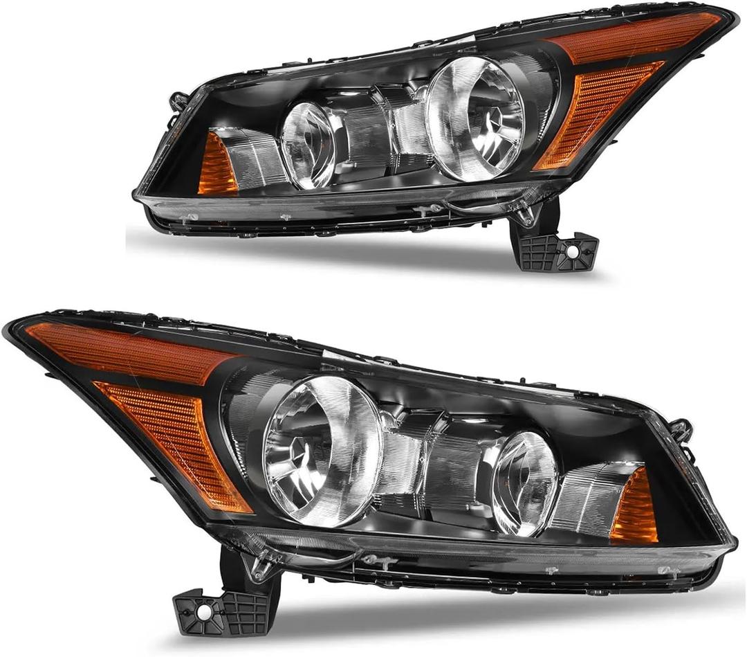 Headlights for 08-12 Honda Accord Headlight Assembly for 2008 2009 2010 2011 2012 Honda Accord 4-Door Sedan Headlamp Replacement Driver and Passenger Side, Black Housing Amber Corner