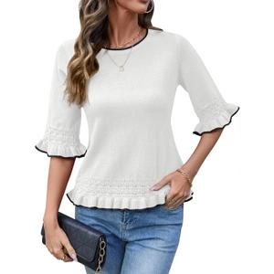 AKEWEI Ruffle Sweater for Women Cropped Spring Peplum Tops Fall Sweaters Dressy Casual Boho Top Womens Work Shirts White L