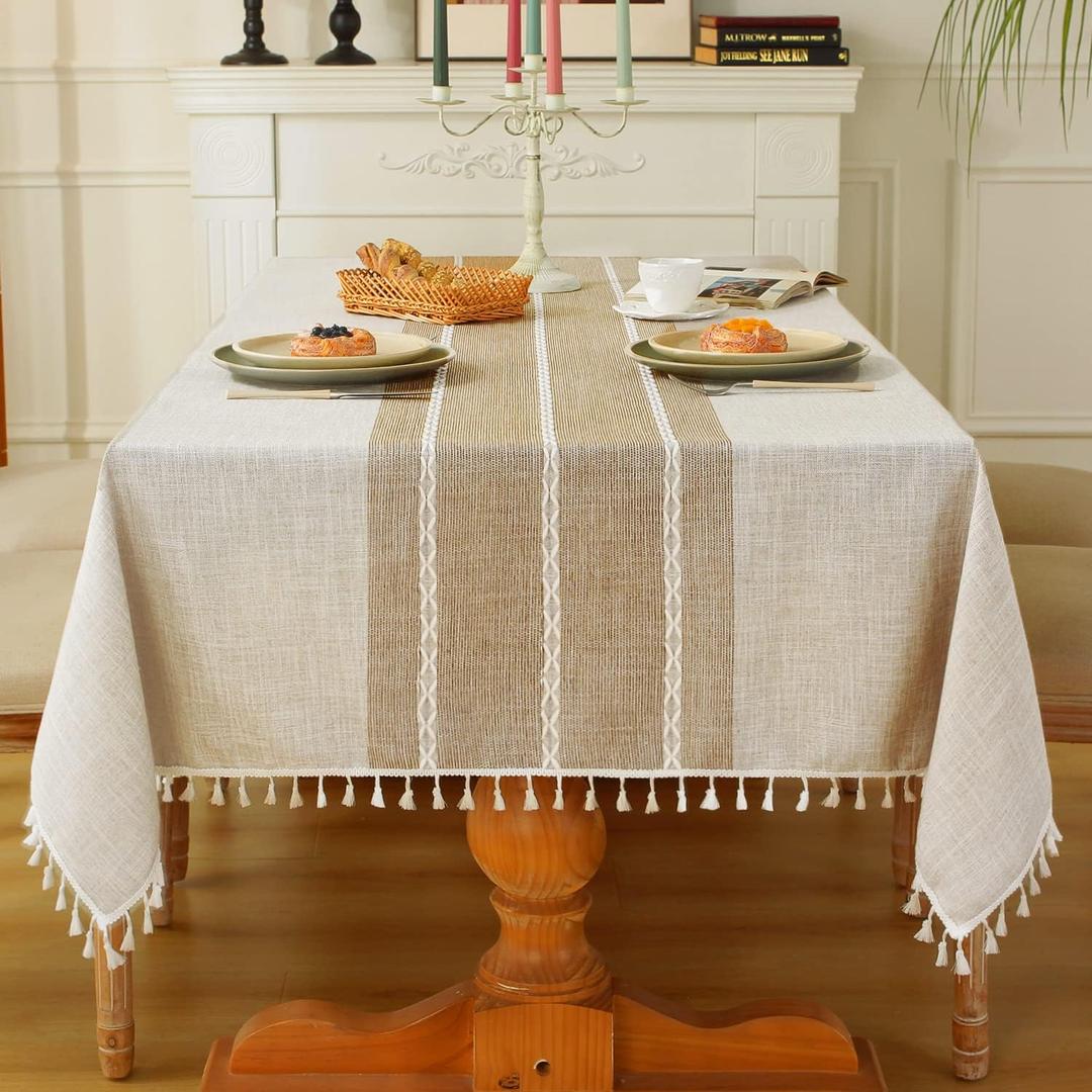 Laolitou Rustic Tablecloth Cotton Linen Waterproof Tablecloths Washable Table Cloths for Kitchen Dining,Party,Holiday,Christmas,Buffet Coffee Lines Rectangle,55''x102'',8-10 Seats