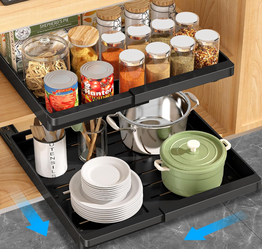 DOMNIU Pull Out Cabinet Organizers Expandable,Black,16.9"Depth,2 Pack | Slide Out Drawers for Kitchen, Bathroom, Pantry, Under Sink Storage, Fixed with Adhesive Nano Film (11.6''-17.5'')