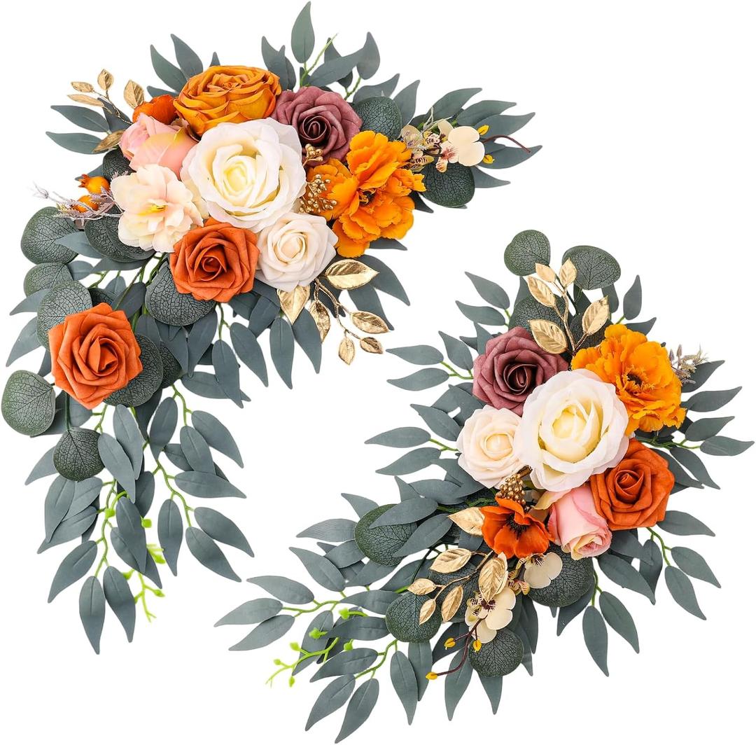 2 Pcs Wedding Arch Decorations - Reusable Artificial Hanging Flowers Floral Swag Greenery Garland for Wedding Welcome Sign Backdrop Bridal Ceremony Reception Backdrop Decoration(Orange)