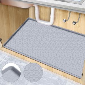 Under Sink Mat, 34" x 22" Waterproof Silicone Under Sink Tray for Kitchen & Laundry Cabinets, Kitchen Cabinet Shelf Protector, Up to 3.3 Gallons Liquid, Fits 36 inch Standard Cabinet Light Grey