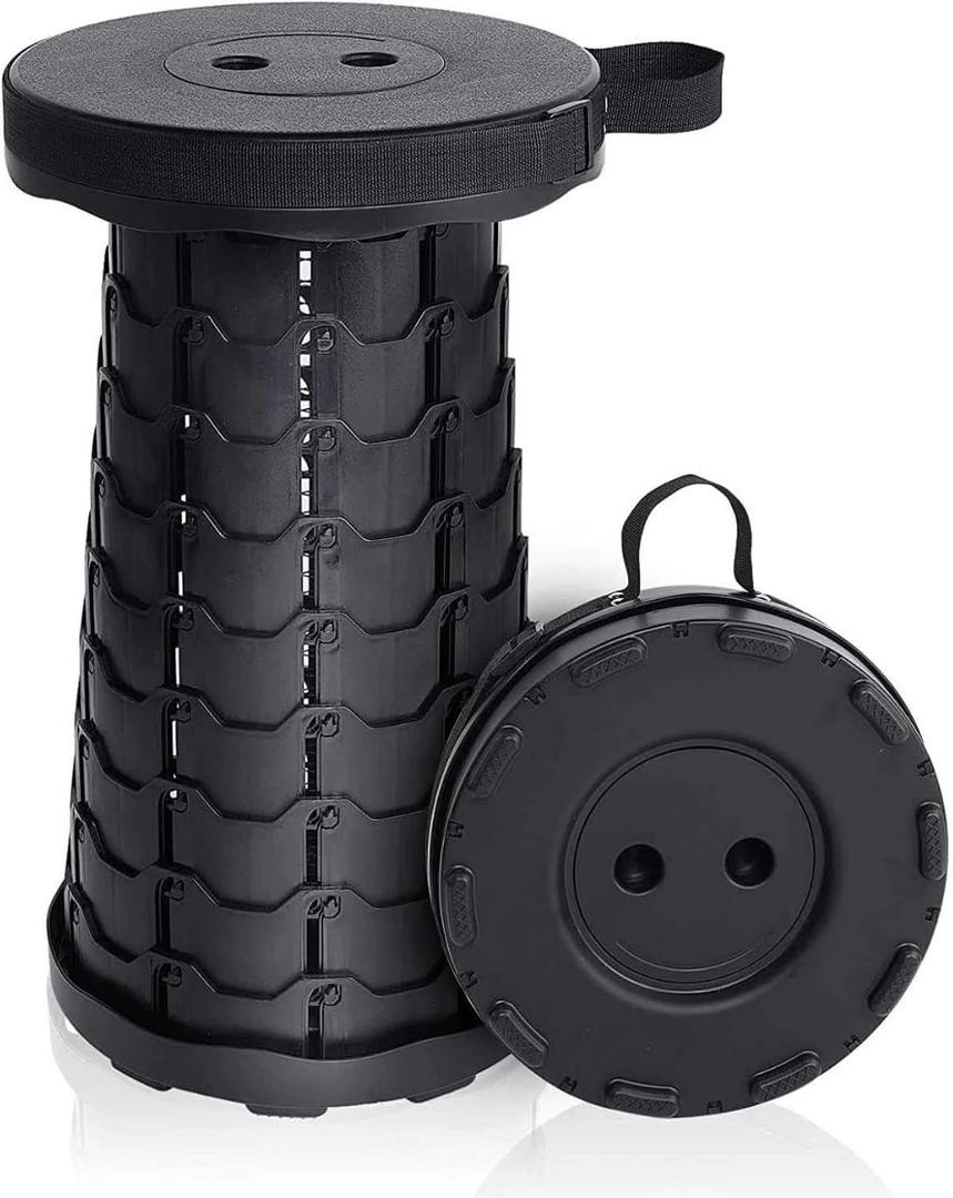 Portable Collapsible Stool - Adults Heavy Duty 300 lbs - Telescoping Foldable (Black)