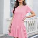 Alaster Queen Womens 2025 Summer T Shirt Pleated Dress Short Sleeve Casual Swing Tunic Dress with Pockets (Pink)