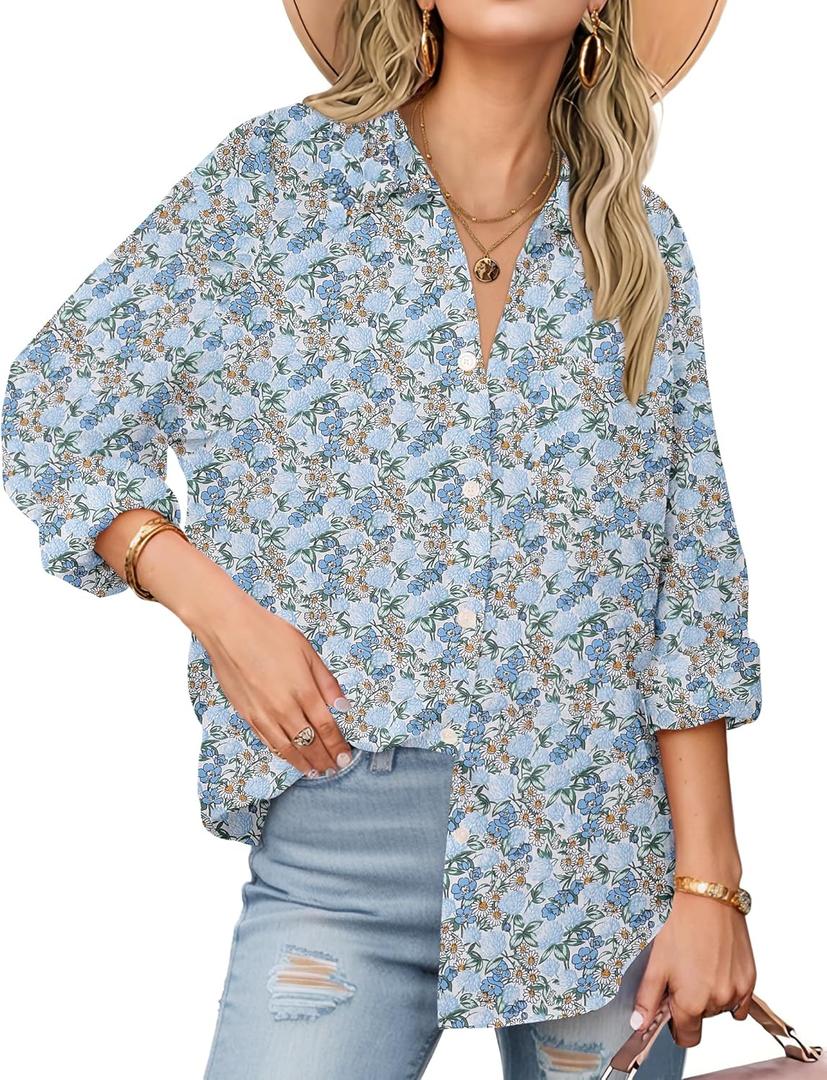 Zeagoo Womens Button Down Shirts Long Sleeve Cotton Gauze Tops Casual Collared Blouses Loose Fit (Medium, Blue Blossom)