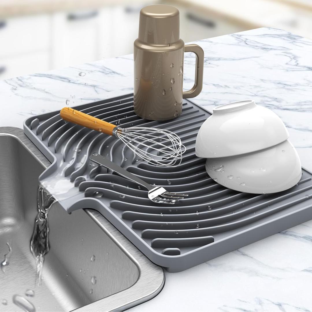 Kitchen Drying Mat for sink with a bulged edge,10"14"18"20"Silicone Dish Drying Mat with built-in Drain Spout, Rubber Dish Mat for Kitchen (18"12"gray)