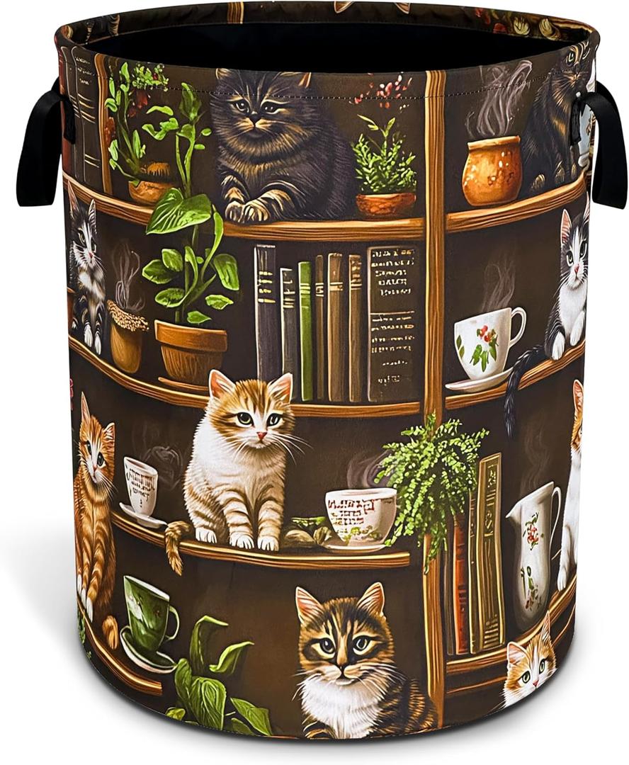 Cute Cat Laundry Basket Bookshelf Animal Oxford Cloth Laundry Hamper Funny With Handle Foldable Portable Clothes Storage Basket 18.9 X 16.5 In Storage Bag For Laundry Room/Bathroom/Bedroom/Dormitories