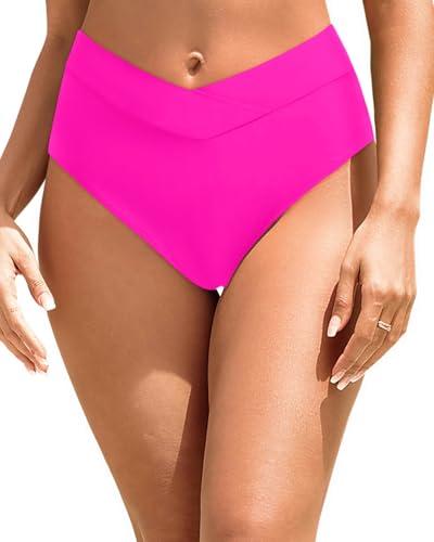 Zmart Womens High Waisted Bikini Bottoms - V Cut Full Coverage Bathing Suit Swimsuit Bottom with Twist Front Pink M