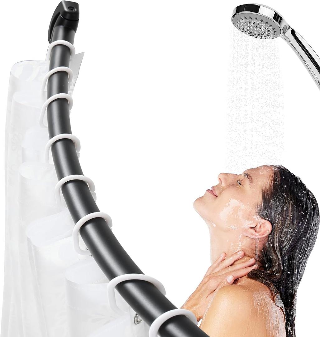 Black Curved Shower Curtain Rod,48-72 Inch Adjustable Shower Rods For Bathroom Stainless Steel Rustproof Tension Shower Curtain Rod For Windows Need To Dirll