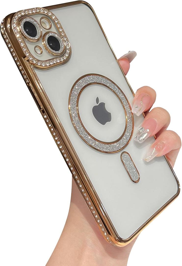Caseative for iPhone 14 Plus Case,Glitter Bling Clear Magnetic Compatible with MagSafe Wireless Charging (Gold)