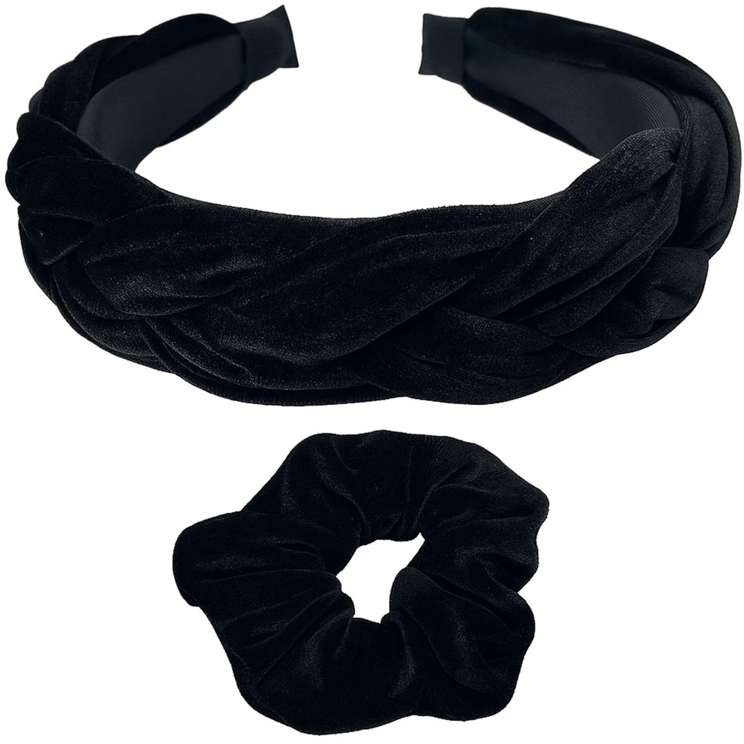 2 x Black Velvet Braided Headband & Scrunchie Set  Matching Hair Accessories for Women & Girls
