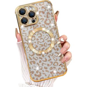Fiyart Designed for iPhone 16 Pro Max Case, Compatible with MagSafe Cheetah Print Plating Camera Protection Magnetic Clear Glitter Leopard Print Shockproof Phone Bumper for Women Girls 6.9"-Gold