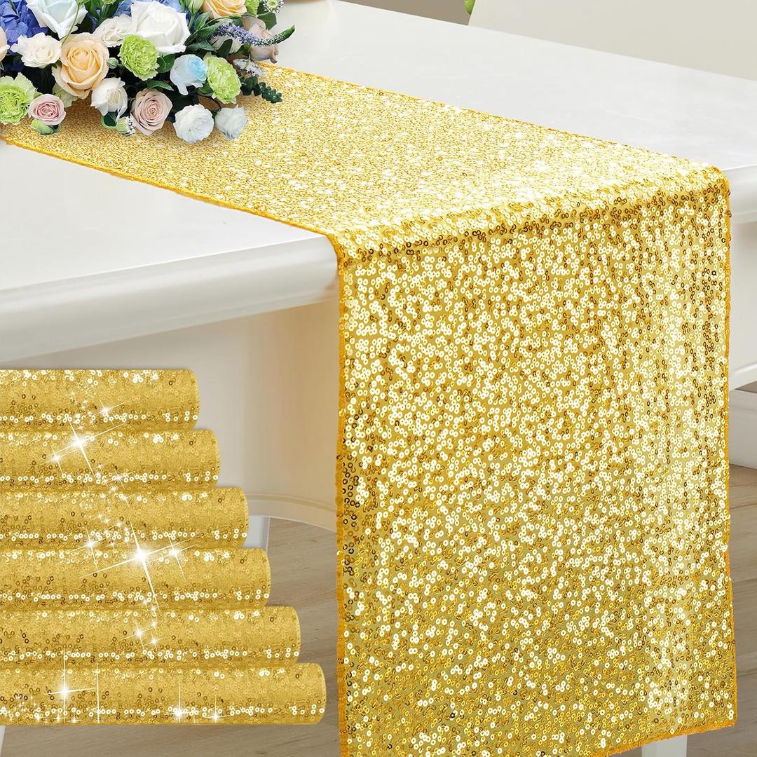 RUDONG M 6 Pack Gold Sequin Table Runner 12 x 108 Inch, Rectangle Glitter Table Runner Dining Table Centerpiece Decorations for Weddings, Banquet, Holiday, Birthday Party