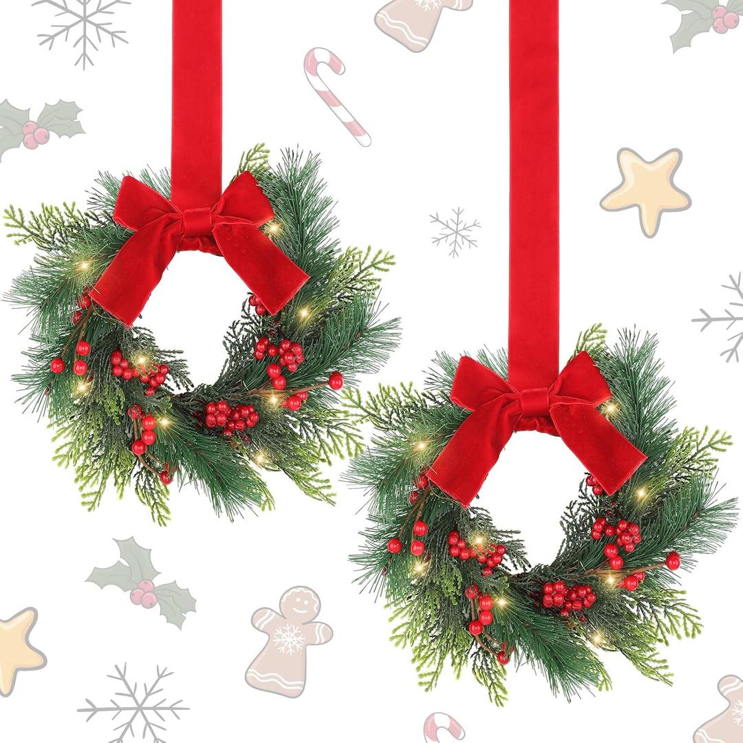 Thiccywoov 2 Pcs 9 Mini Christmas Wreath for Front Door Christmas Artificial Pine Needle Winter Wreath for Cabinet Wedding Window Home Wall Indoor Decor