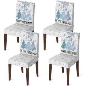 Horaldaily 4PCS Christmas Dining Chair Covers, Blue Pine Trees Stretch Removable Washable Slipcover Chair Protector for Dining Room Home Decor
