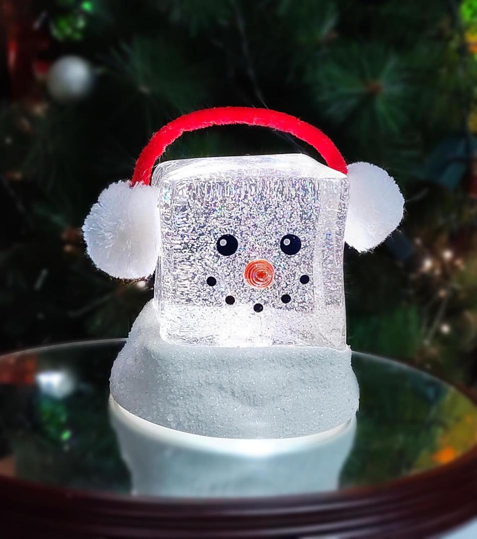 Moments in Time 6.9 Acrylic Ice Cube Snowman LED Lighted Water Spinning Glitter Decoration, Battery Operated Christmas Tabletop Décor, Winter with Sparkling Lights