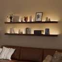 60 inch LED Gaming Floating Shelves for Wall,Solid Wood Long Wall Shelves Set of 2 with Light for Gaming Room,Walnut Rustic Wall Mounted Shelves for Living Room Bedroom Kitchen Garage
