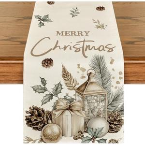 Artoid Mode Xmas Ball Gifts Pine Cone 210 GSM Christmas Table Runner, Seasonal Winter Kitchen Dining Table Decoration for Home Party Decor 13x120 Inch