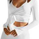 Fisoew Womens Wrap Tie Tops Long Sleeve Workout Crop Wrap Shirts Casual Lightweight Ballet Pilates Yoga Active Tops (Small, White)