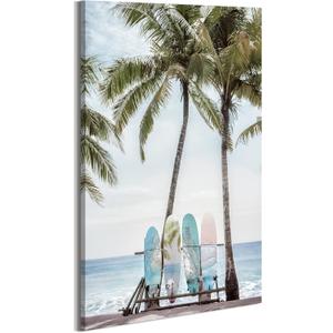 Surfboard Canvas Wall Art Bathroom: Beach Scene Ocean Picture Coastal Palm Tree Print Surf Seascape Painting Sea Seascape Seaside Artwork Decor for Living Room 16 x 24
