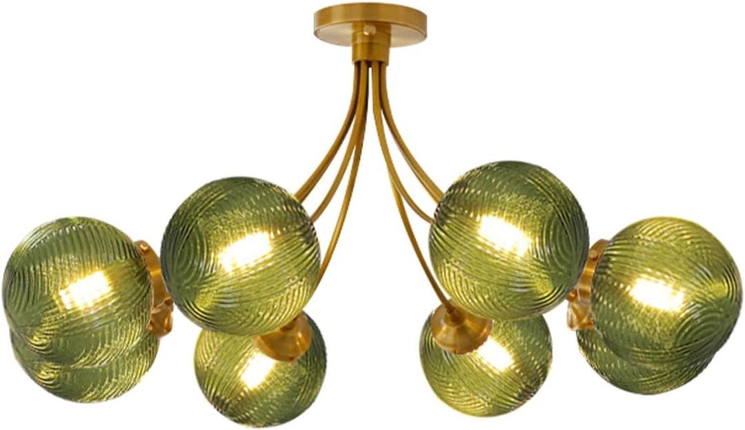 8-Light Flush Mount Light Vintage Gold Sputnik Chandelier Light Fixtures Ceiling Mount Green Round Glass Globe Shade, Semi Flush Mount Ceiling Light for Living Room Kitchen, 32.2 inches