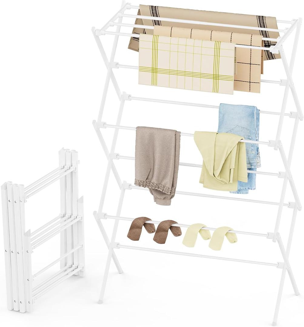 Drying Rack Clothing, 3-Tier Clothes Drying Rack Foldable, Antirust Laundry Drying Rack Collapsible Use for Indoor & Outdoor, 11.8" D x 34.6" W x 35.4" H, White, Large