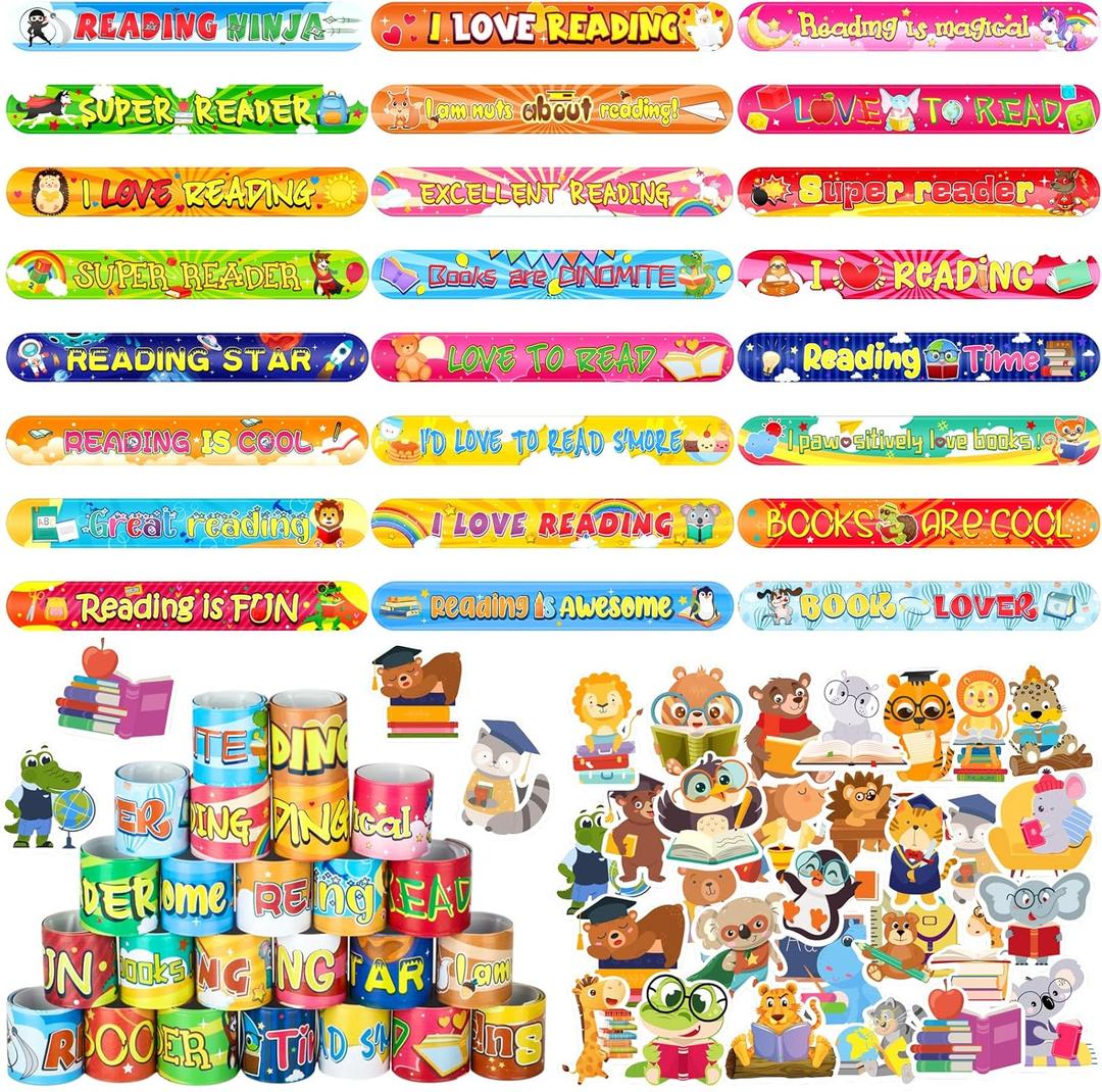Sasylvia 320 Pcs Love to Read Slap Bracelets Party Favors for Bulk Include 120 Inspirational Read Bracelets with 200 Book Stickers for Rewards Awards Prize Gifts
