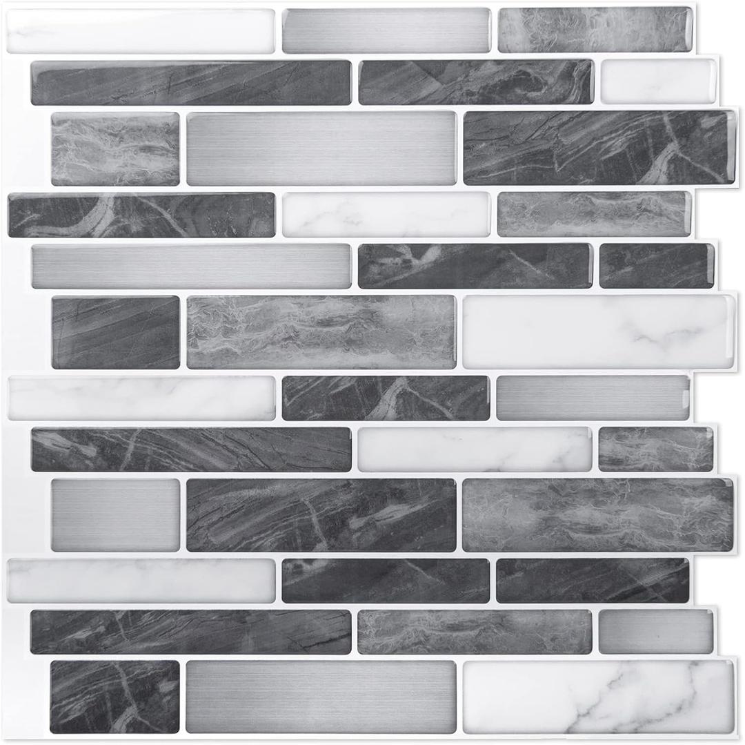 Art3d 10-Sheet Self-Adhesive Tile Backsplash for Kitchen, Vinyl Decorative Marble Tiles, 30 * 30cm, Gray