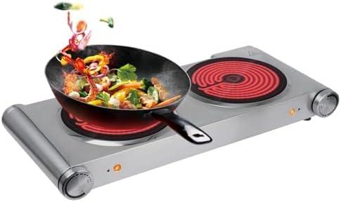 Davivy Hot Plate Electric Double Burner,1800W Rapid Heating Portable Cooktop with 7.9inch Crystallite Ceramic Glass Top,Flexible Temperature Settings,Lightweight Design for Cooking (Silver) (Square-Shaped)